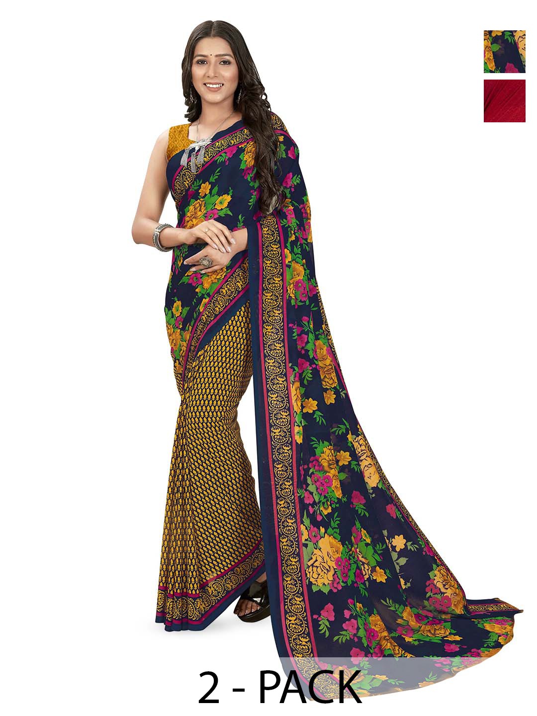 

ANAND SAREES Selection Of 2 Floral Printed Saree, Blue