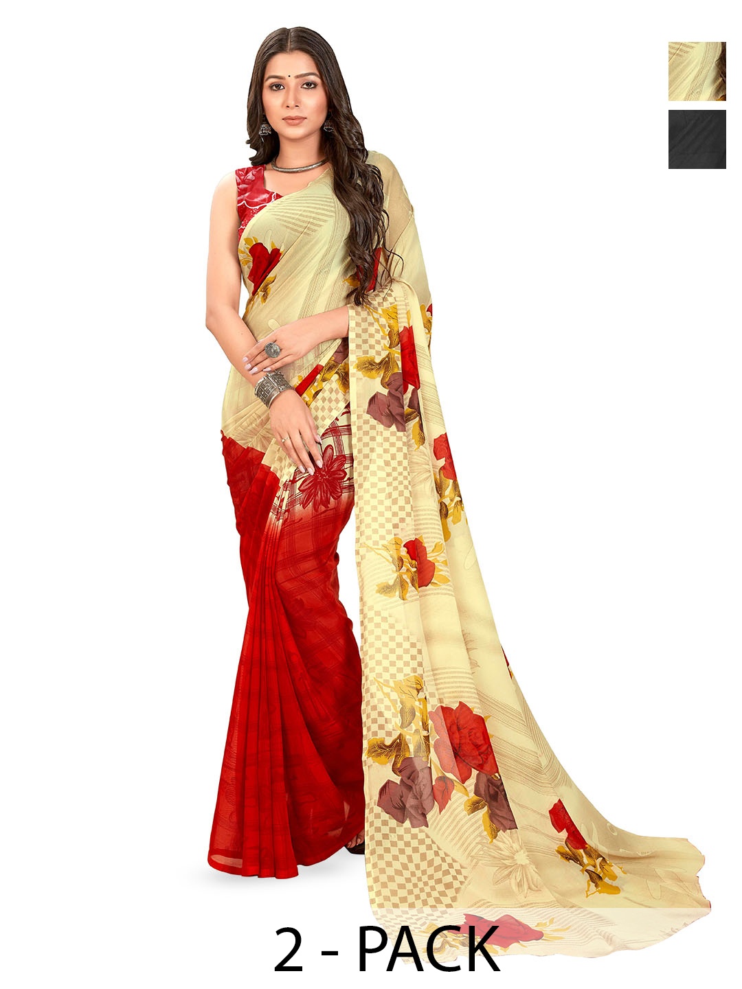 

ANAND SAREES Selection Of 2 Floral Printed Sarees, Yellow