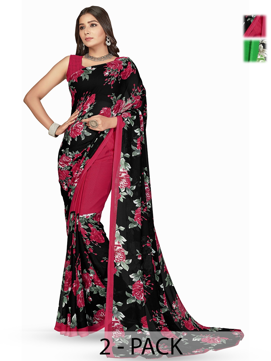 

ANAND SAREES Pack of 2 Floral Printed Sarees, Black