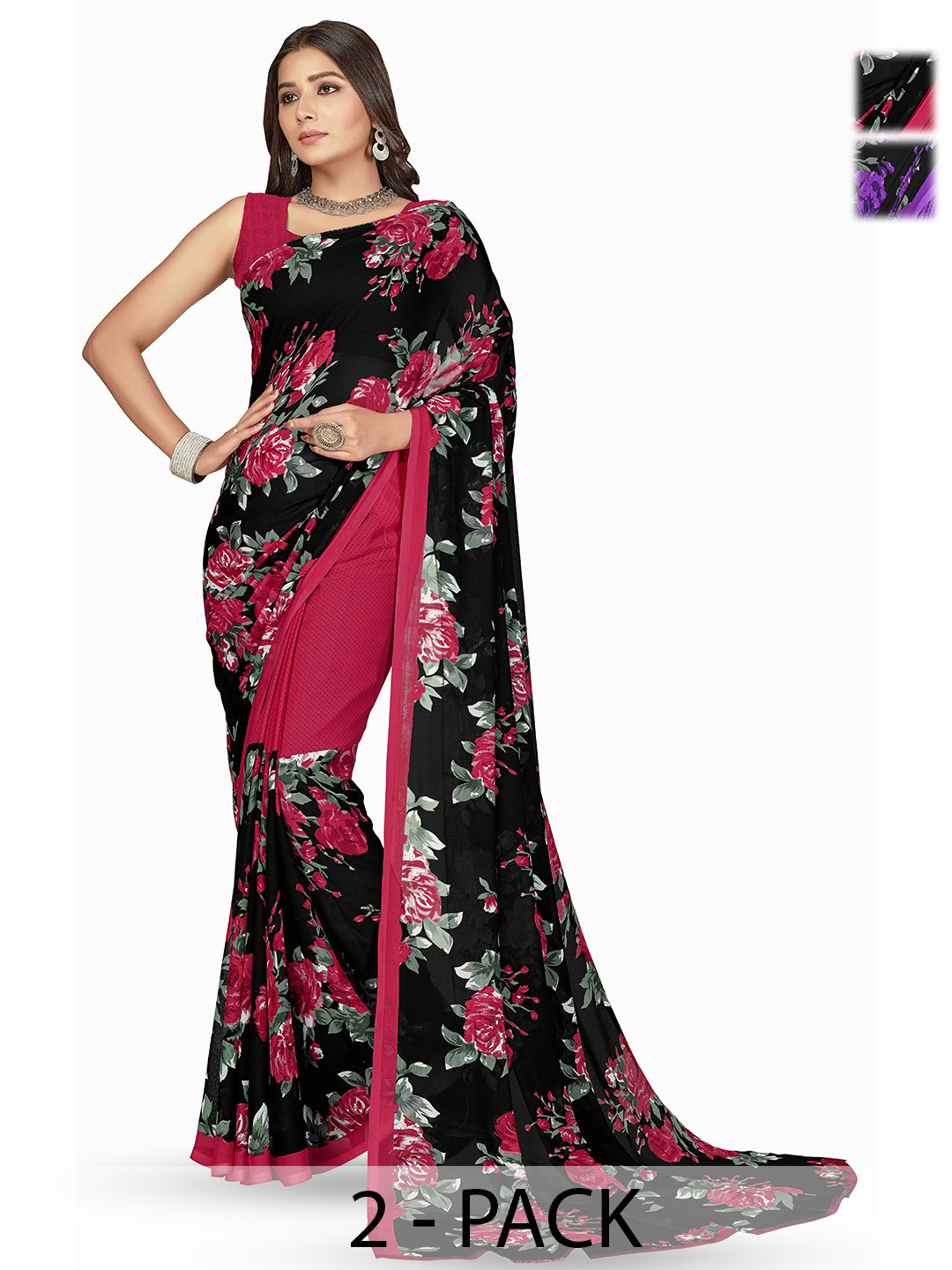 

ANAND SAREES Pack Of 2 Floral Printed Sarees, Black