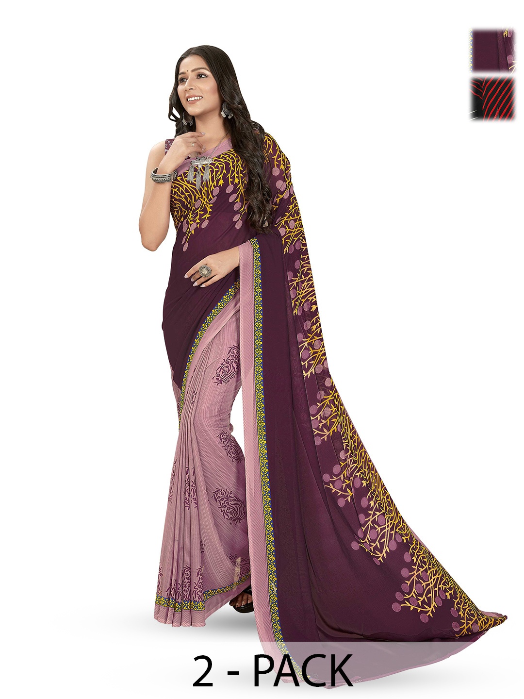 

ANAND SAREES Selection Of 2 Floral Printed Sarees, Red