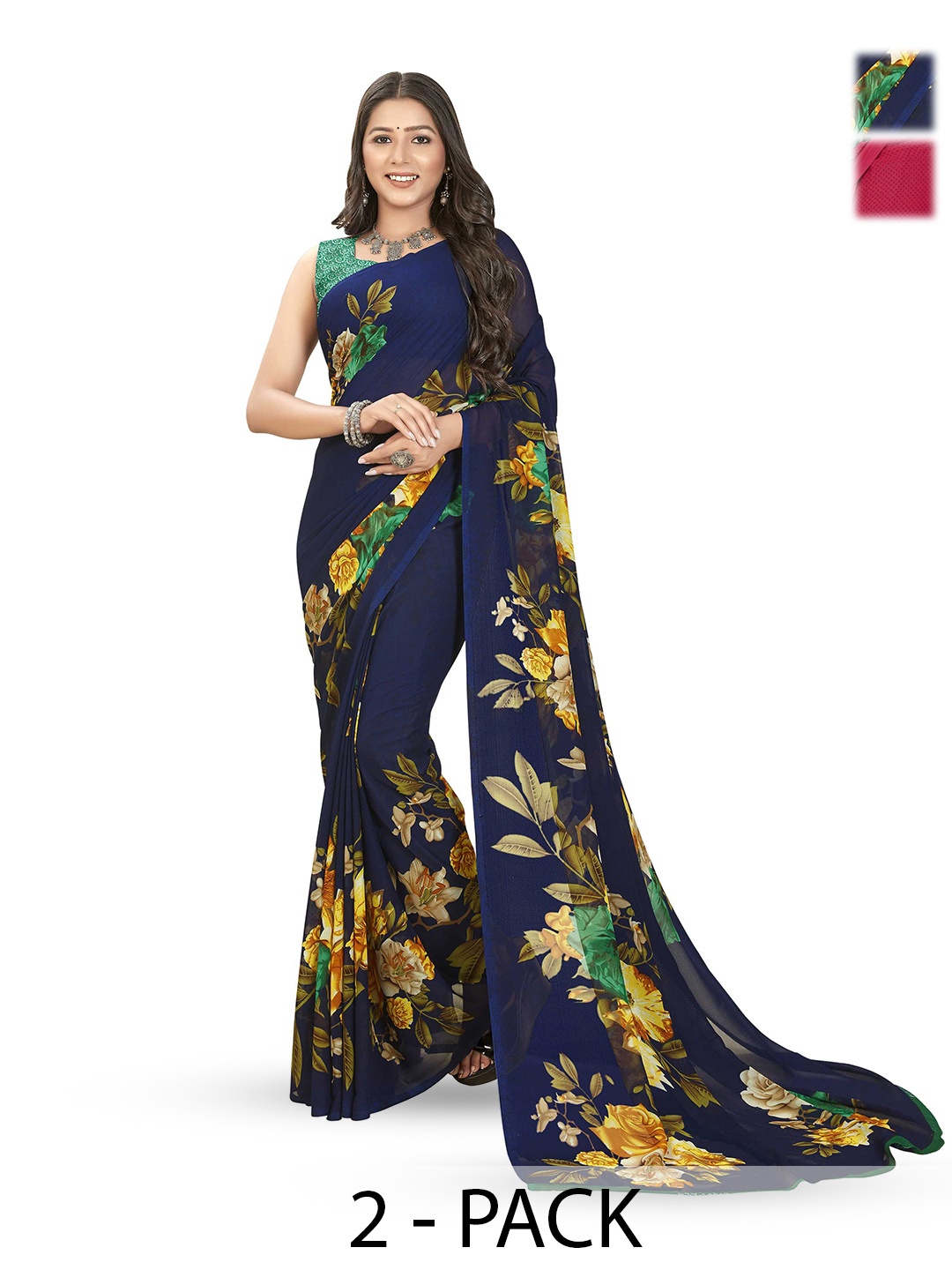 

ANAND SAREES Selection of 2 Floral Printed Saree, Yellow