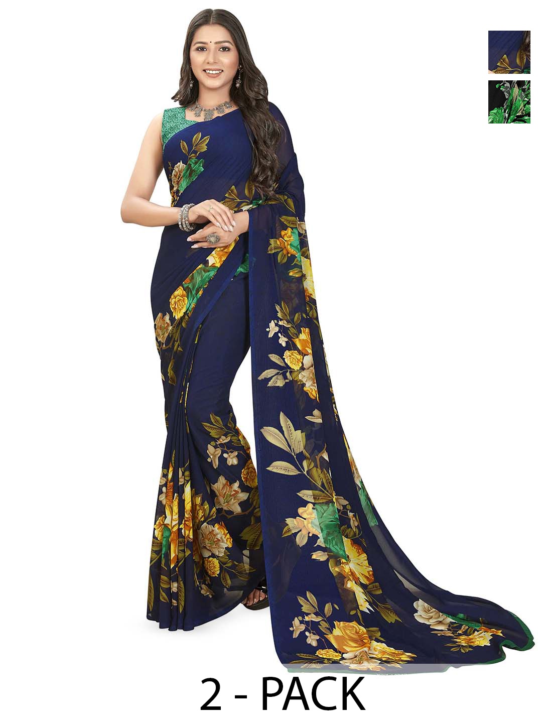 

ANAND SAREES Selection Of 2 Floral Printed Sarees, Black