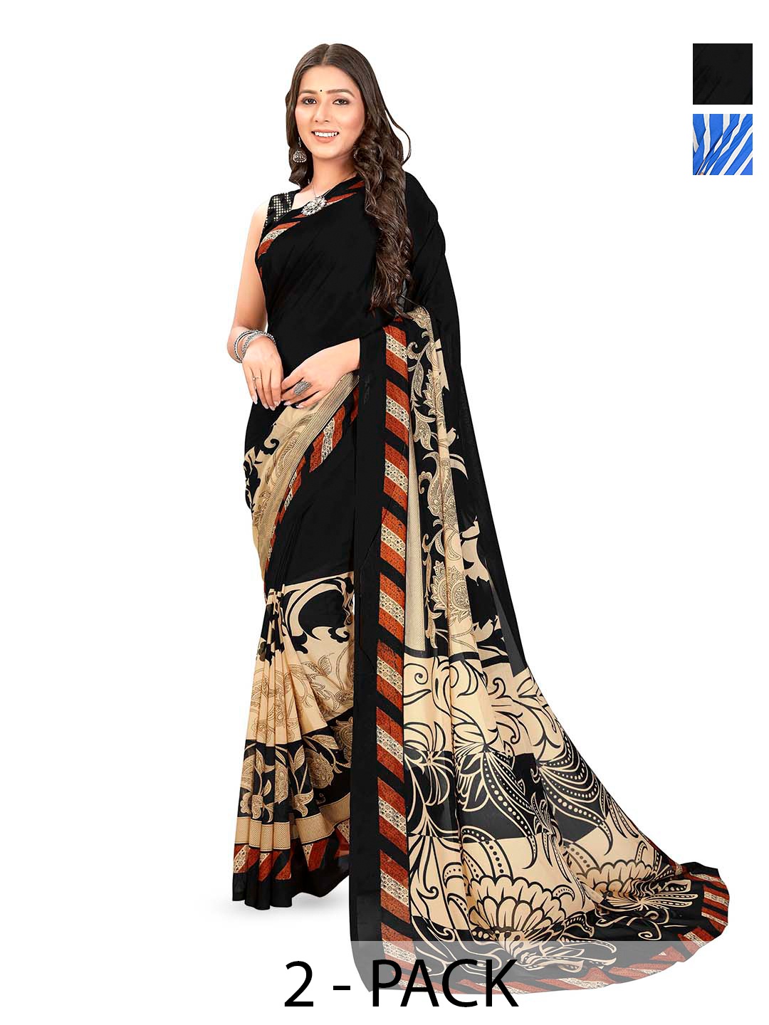 

ANAND SAREES Selection Of 2 Floral Printed Saree, Blue