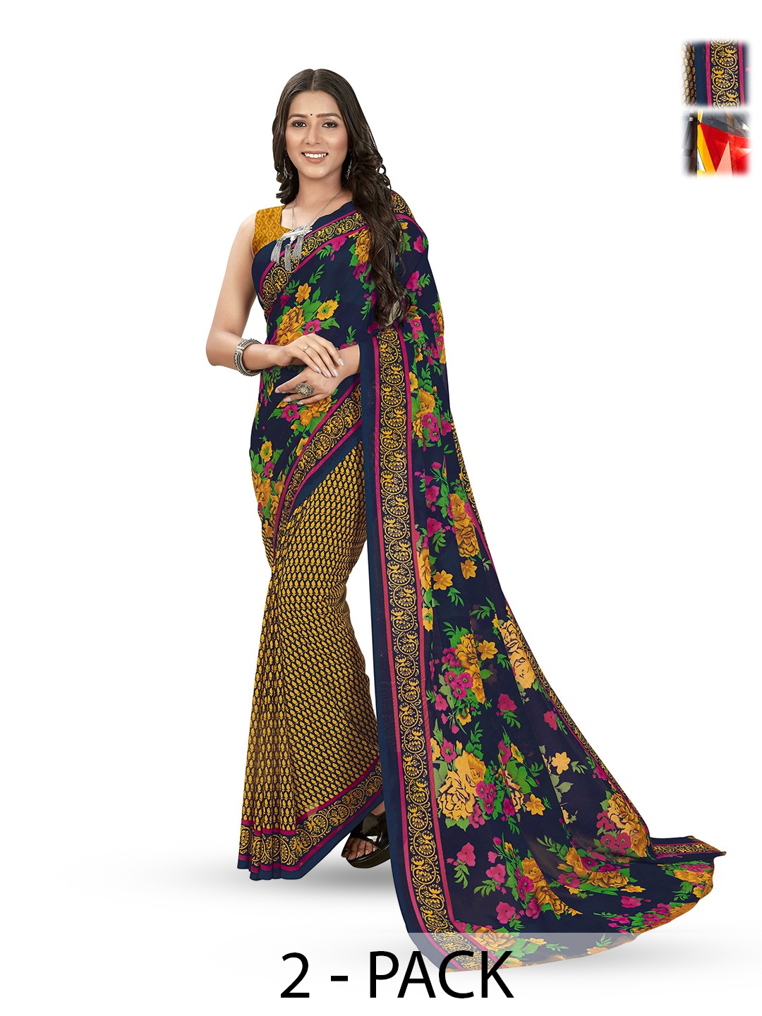 

ANAND SAREES Selection of 2 Floral Printed Sarees, Blue