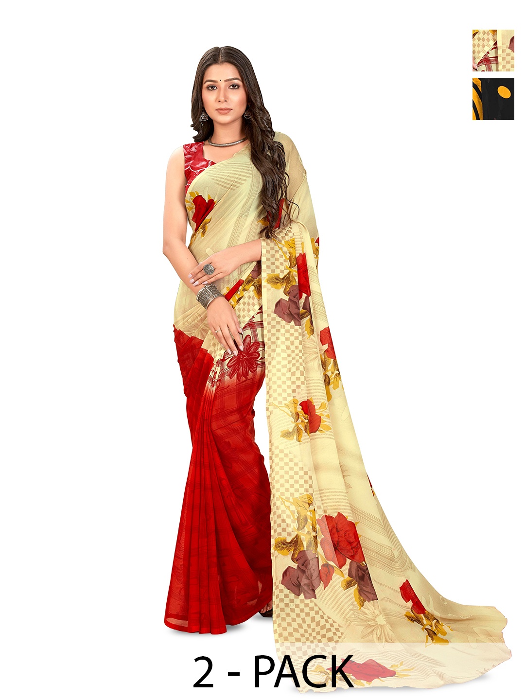 

ANAND SAREES Selection of 2 Floral Printed Sarees, Red