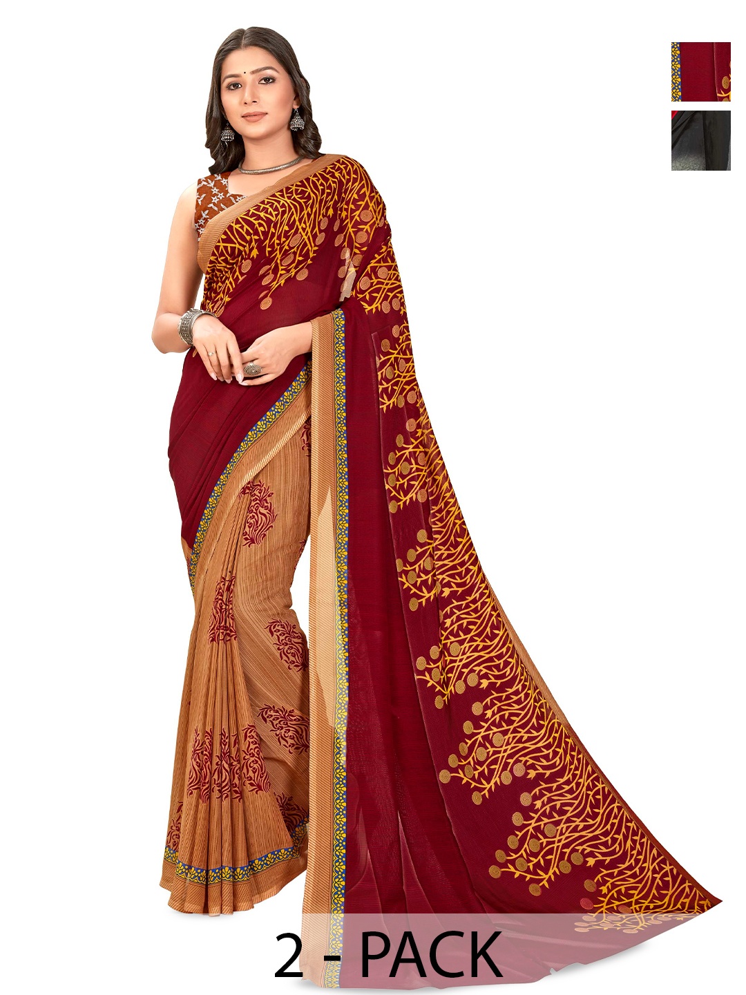 

ANAND SAREES Selection Of 2 Floral Printed Sarees, Black