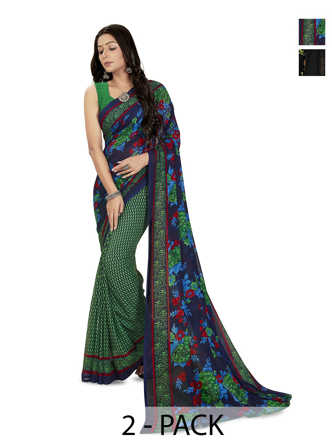 

ANAND SAREES Selection of 2 Floral Printed Sarees, Red