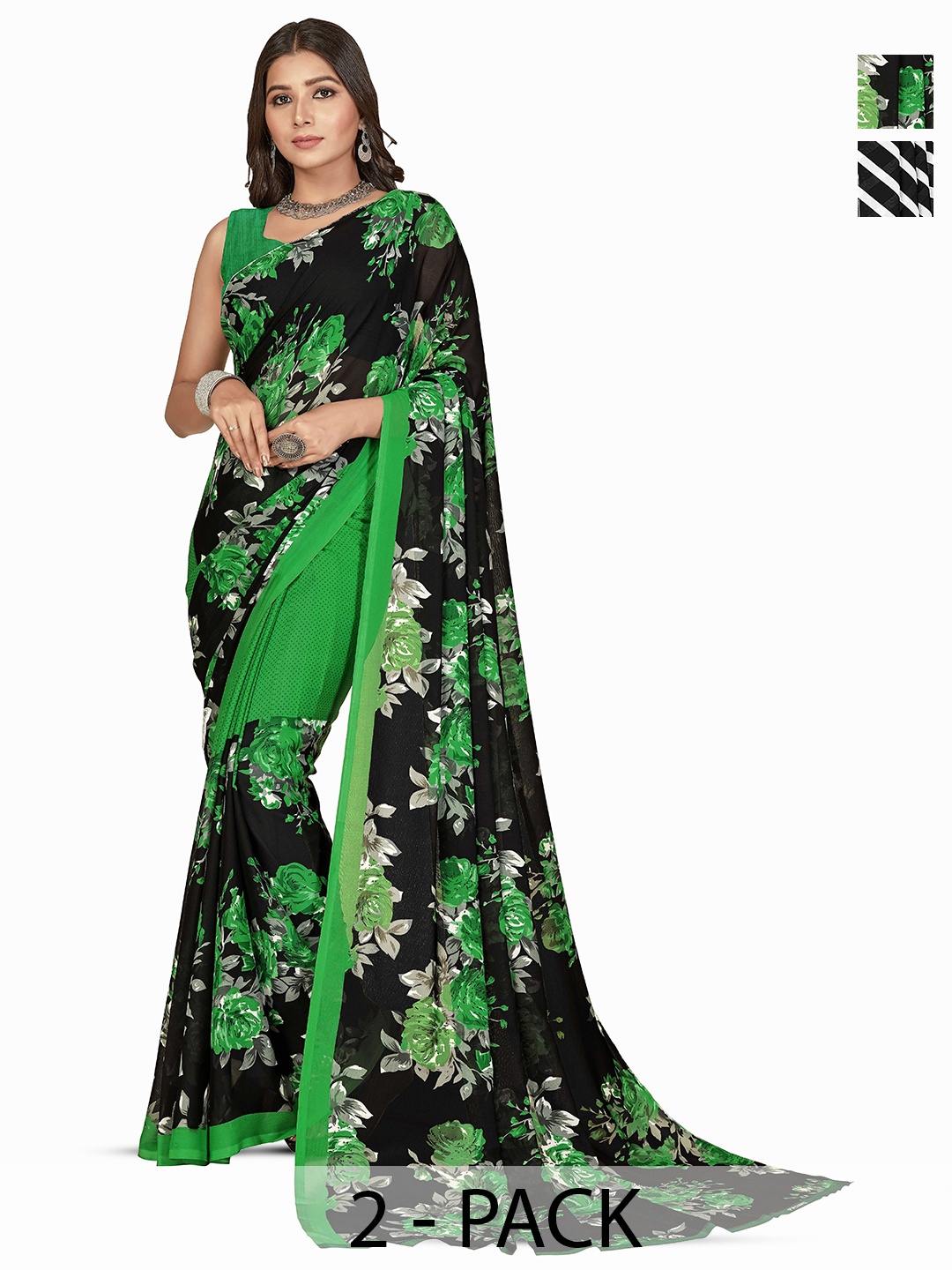 

ANAND SAREES Selection of 2 Floral Printed Sarees, Green