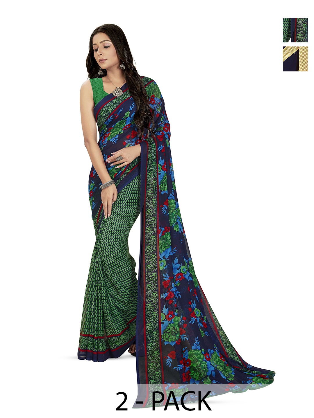 

ANAND SAREES Selection Of 2 Floral Printed Saree, Green