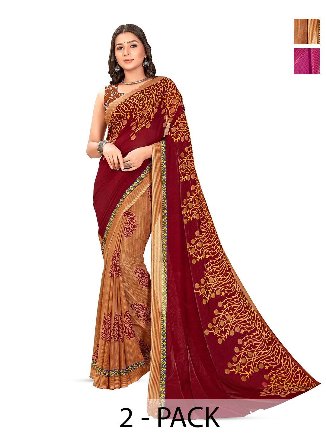 

ANAND SAREES Selection Of 2 Floral Printed Sarees, Red