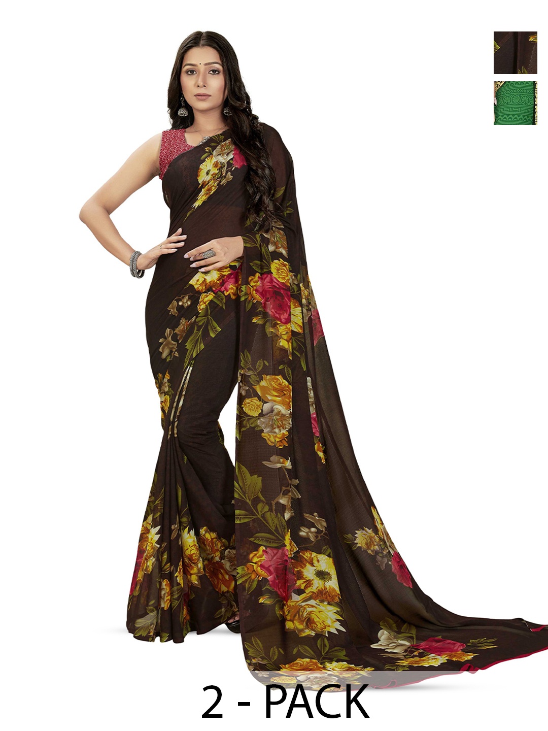 

ANAND SAREES Selection Of 2 Floral Printed Sarees, Black