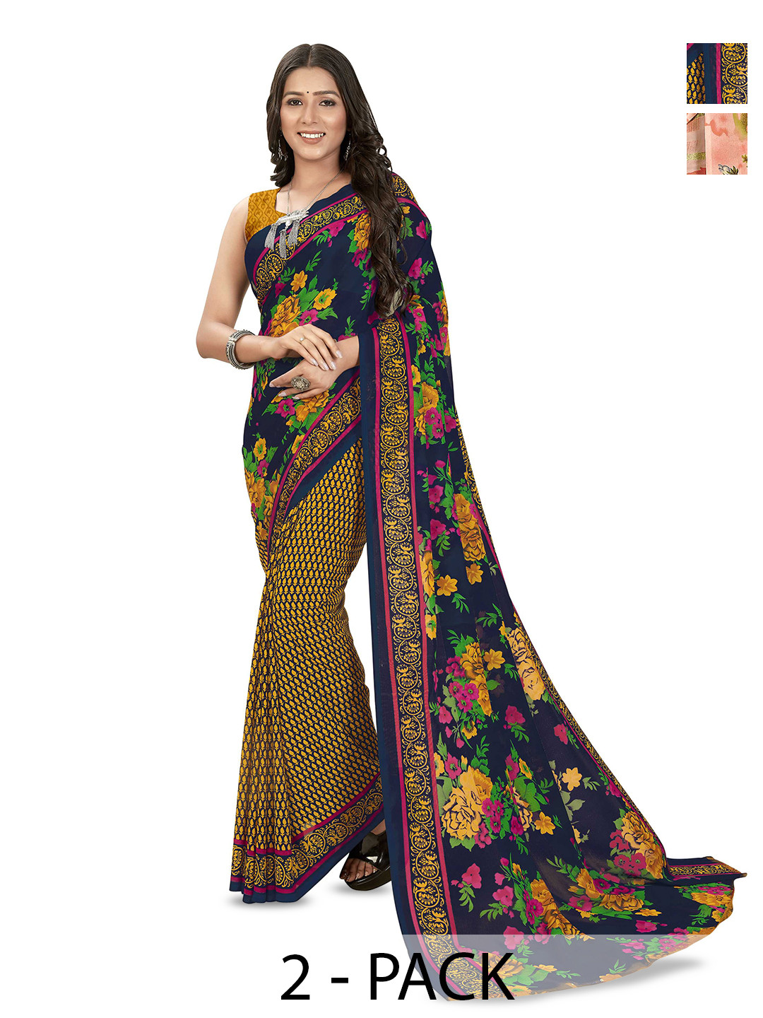 

ANAND SAREES Selection of 2 Floral Printed Saree, Peach