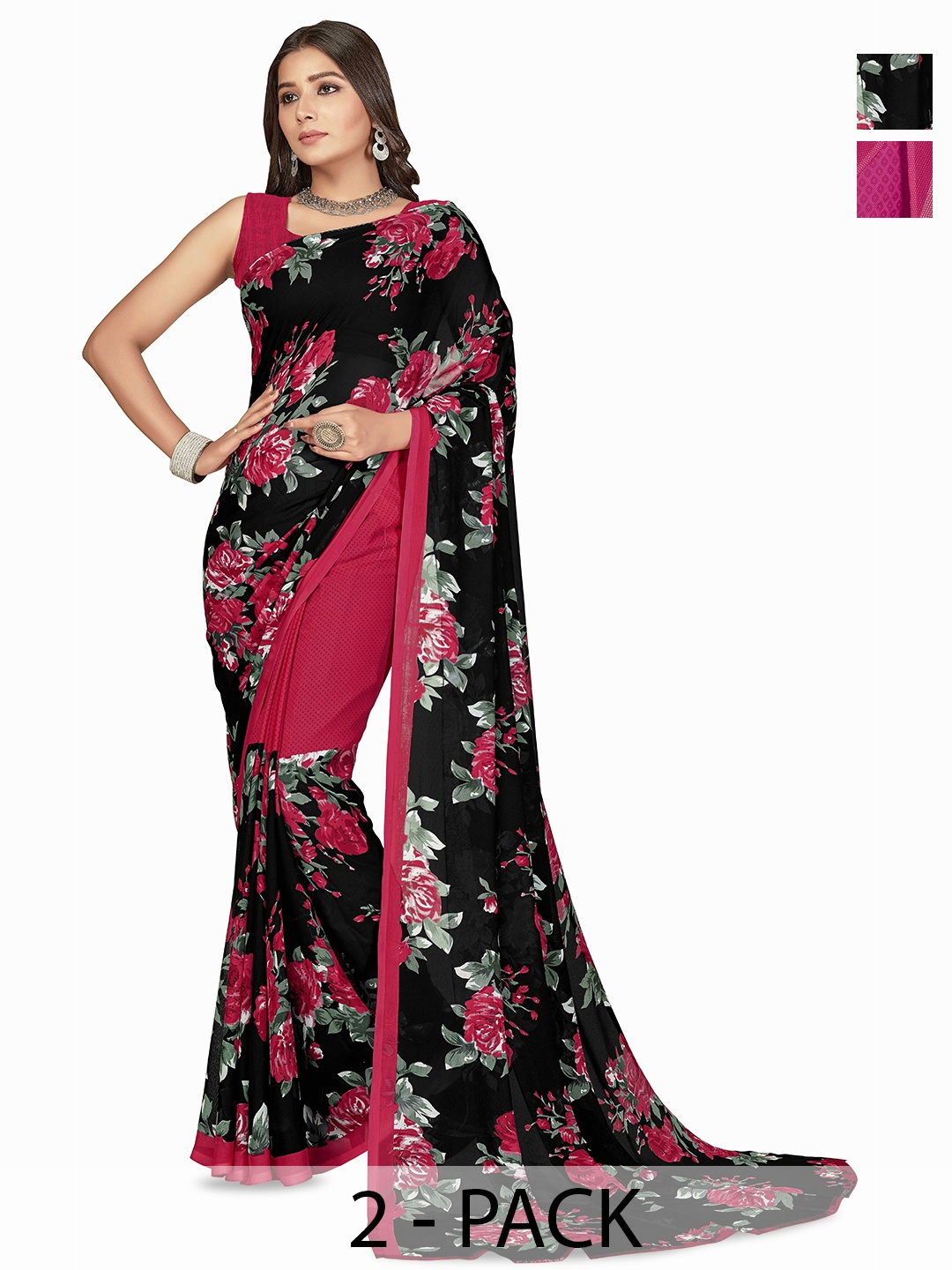 

ANAND SAREES Selection of 2 Floral Printed Saree, Black