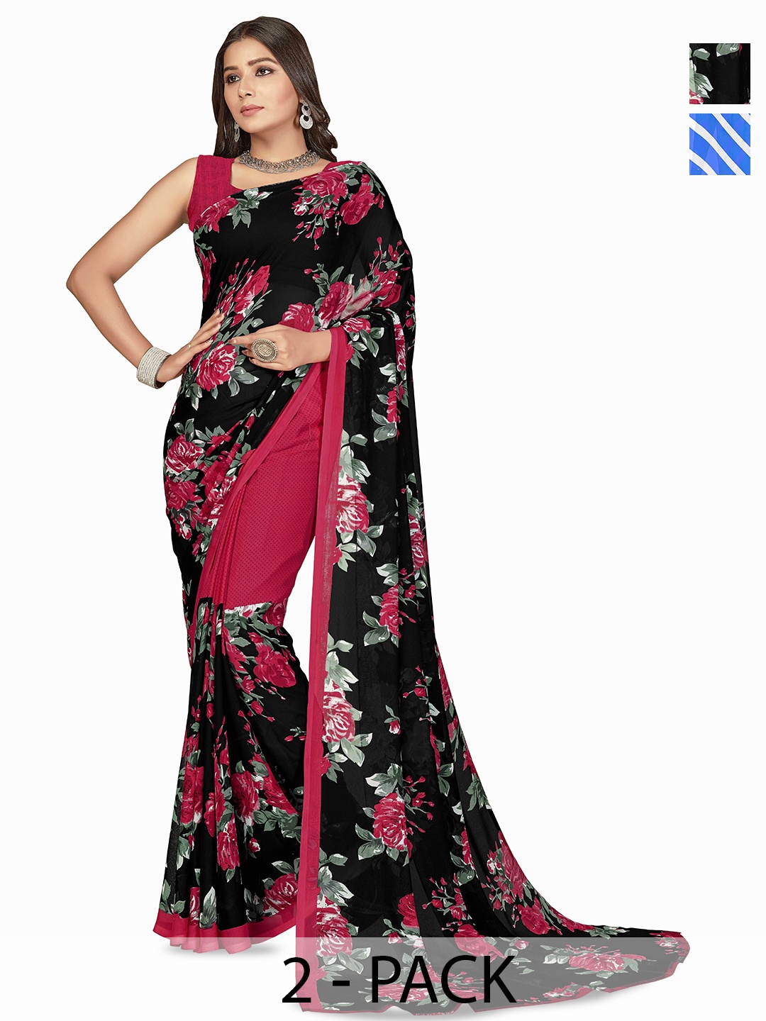 

ANAND SAREES Selection of 2 Printed Sarees, Black