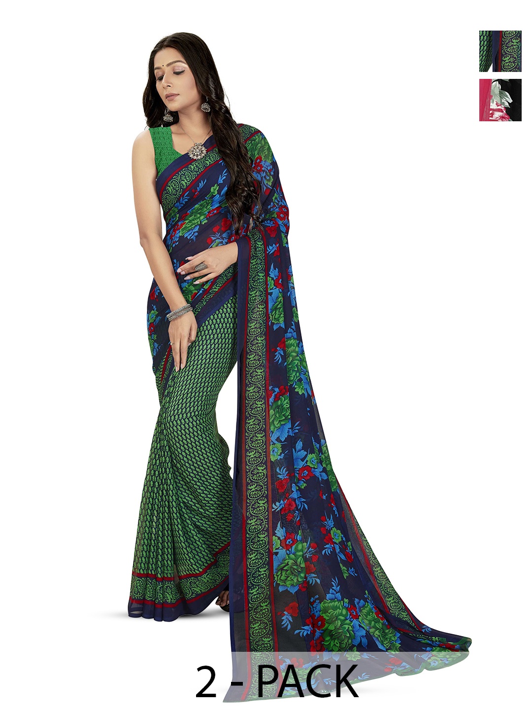 

ANAND SAREES Selection Of 2 Floral Printed Saree, Black