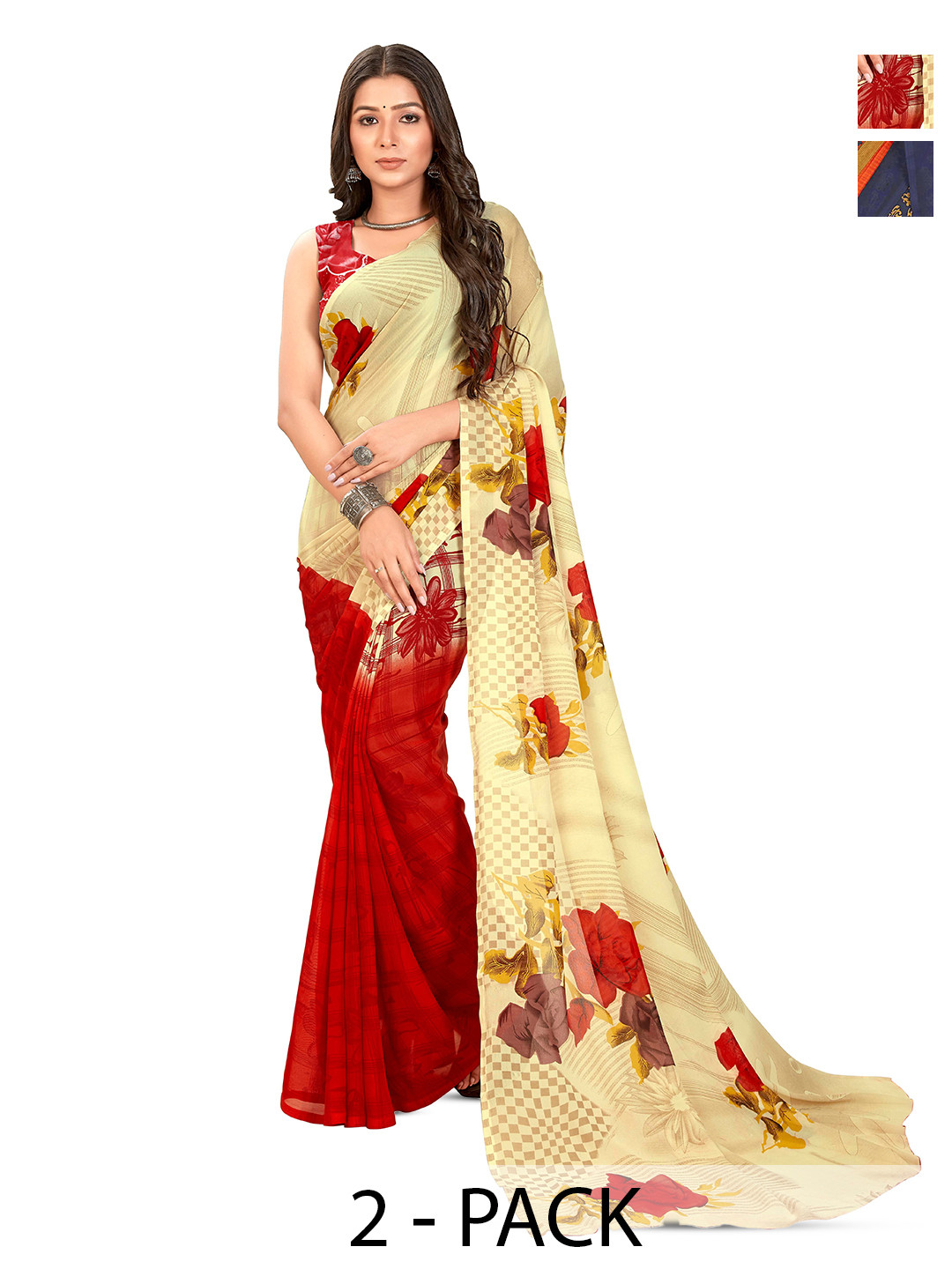 

ANAND SAREES Selection of 2 Floral Printed Sarees, Yellow