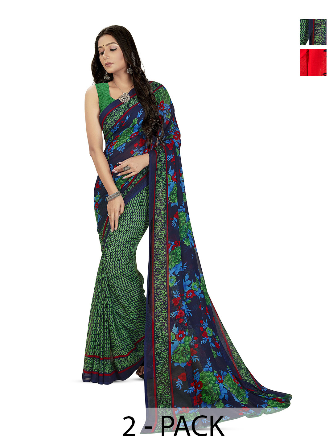 

ANAND SAREES Selection of 2 Ethnic Motifs Printed Sarees, Red
