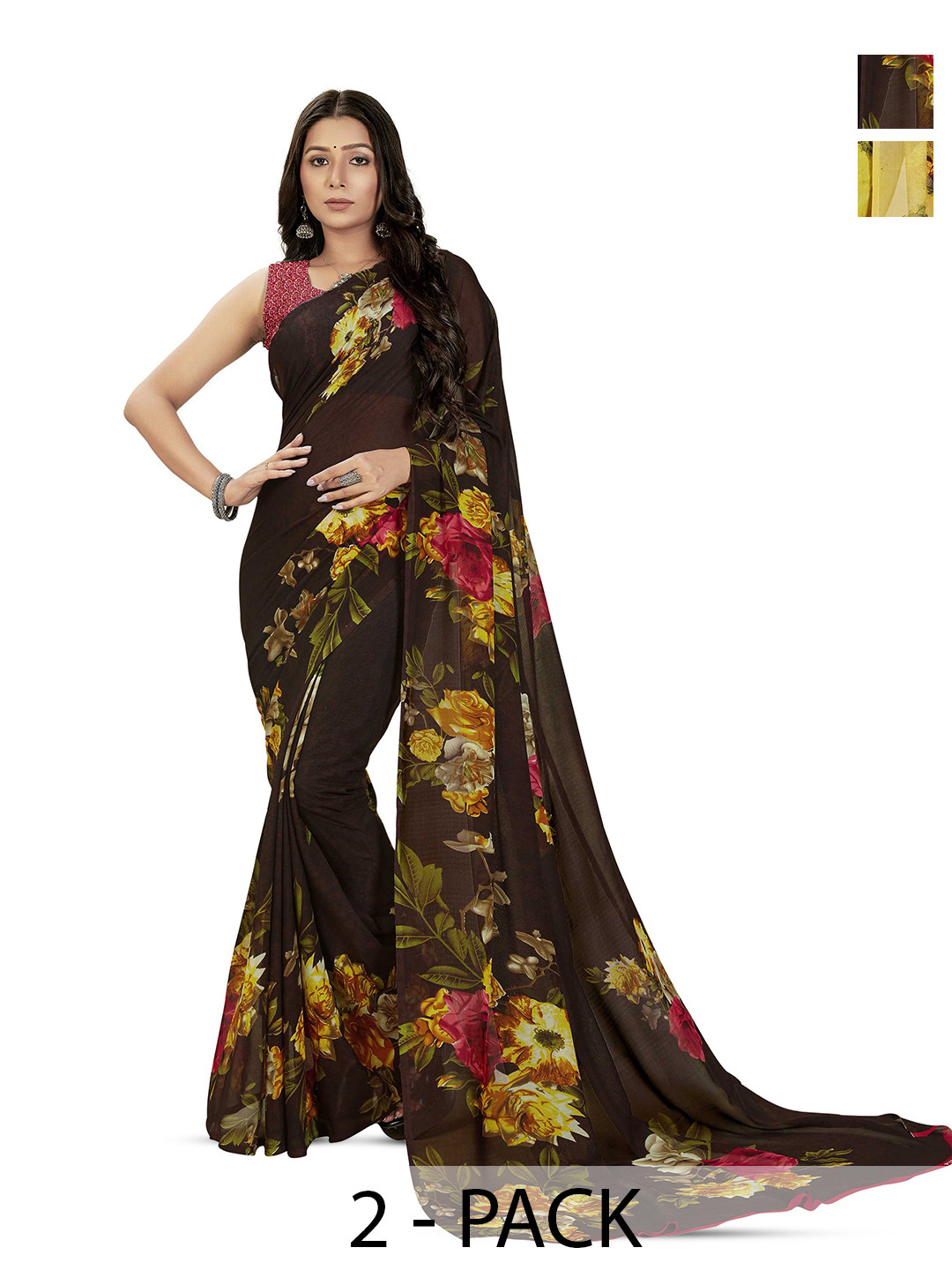 

ANAND SAREES Selection Of 2 Floral Printed Sarees, Black