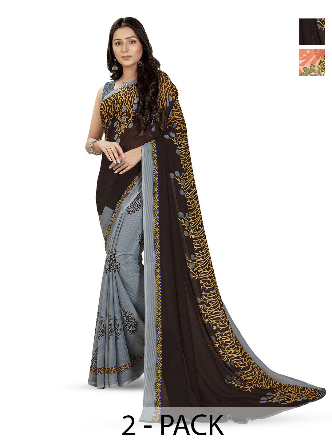 

ANAND SAREES Selection Of 2 Floral Printed Sarees, Peach