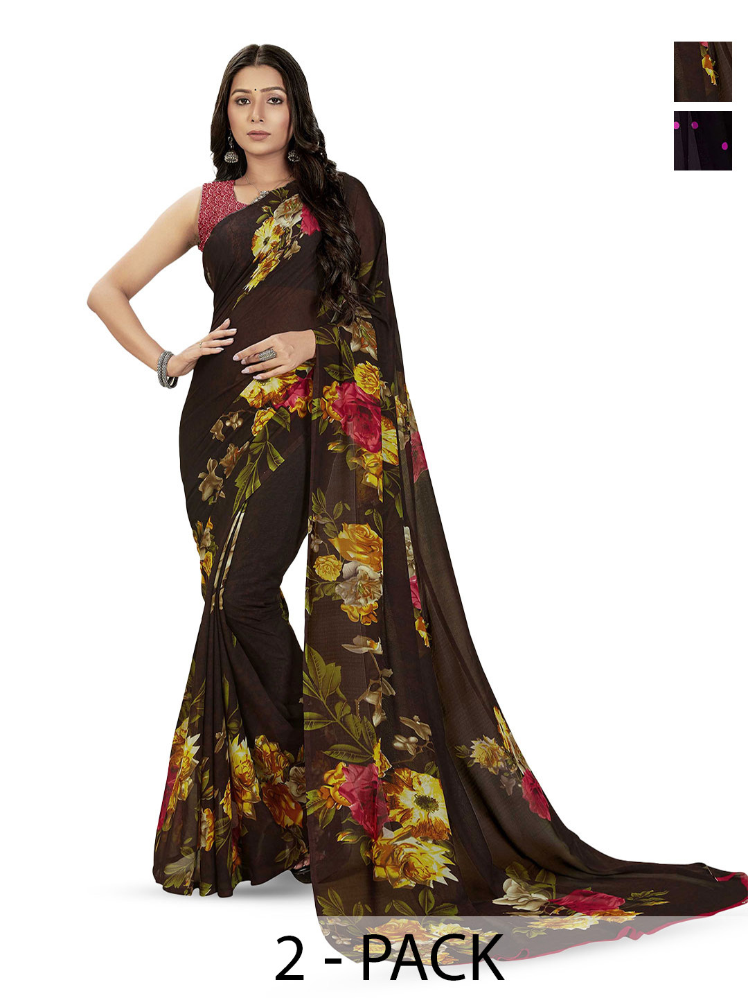 

ANAND SAREES Floral Poly Georgette Half and Half Saree, Yellow