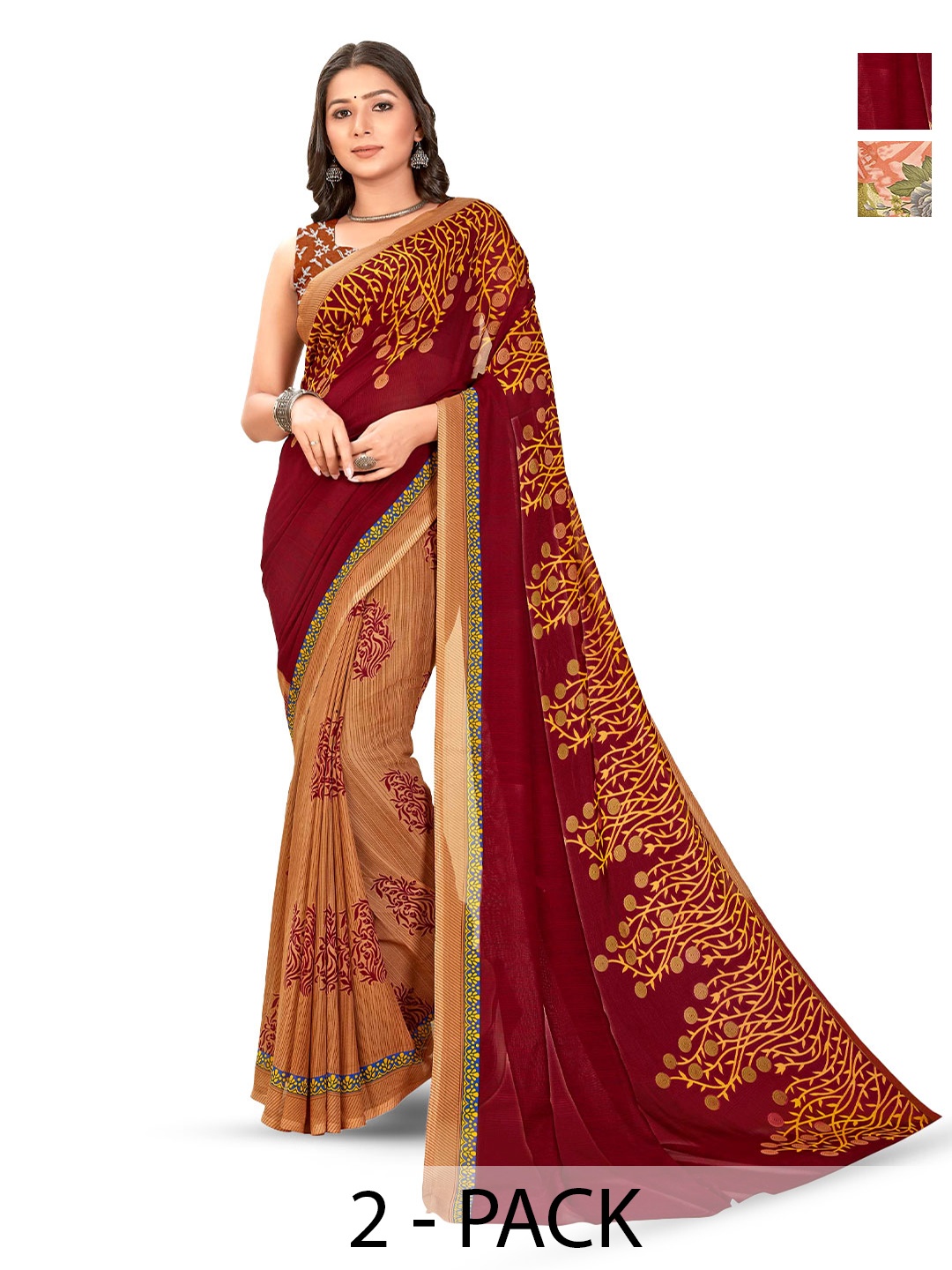 

ANAND SAREES Selection of 2 Printed Sarees, Red
