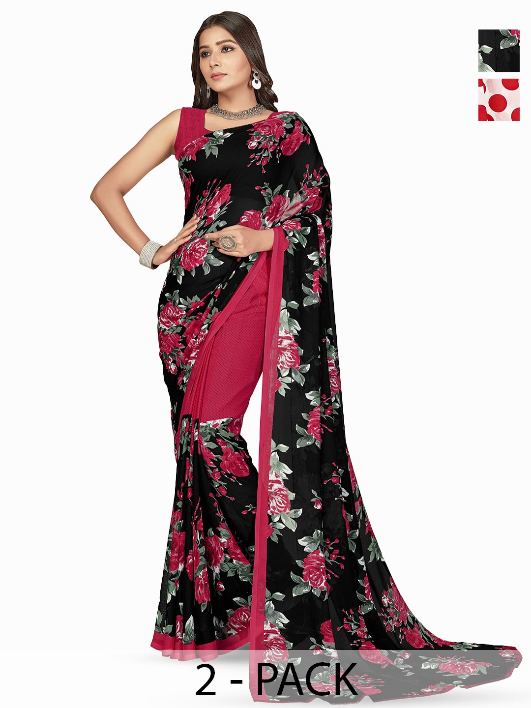 

ANAND SAREES Selection of 2 Floral Printed Saree, Black