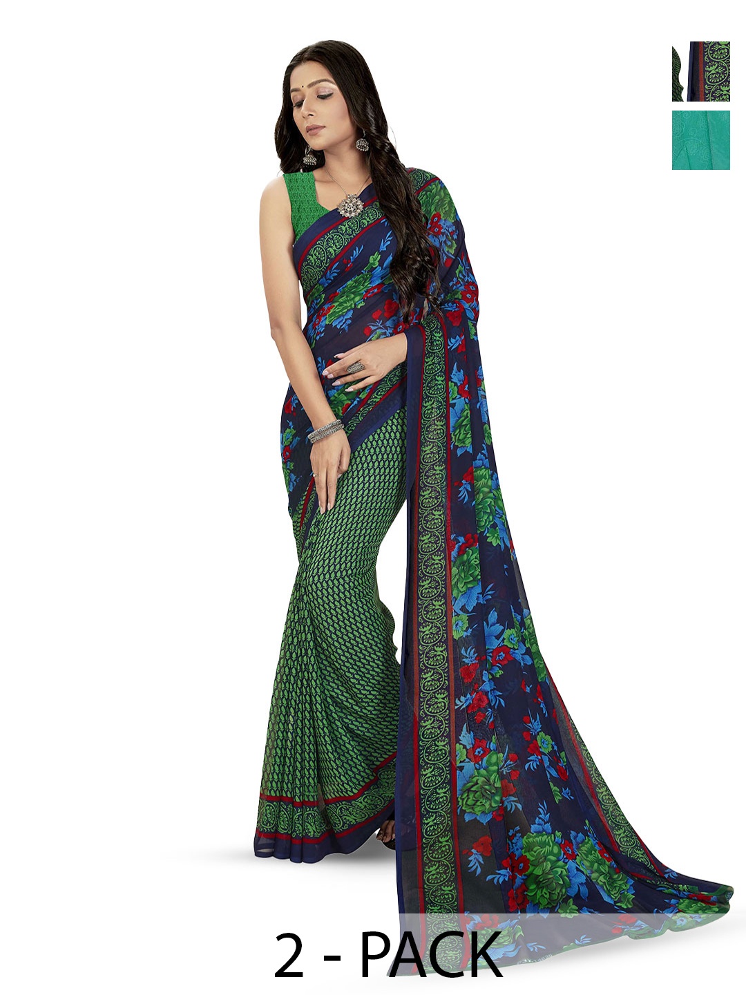 

ANAND SAREES Pack Of 2 Floral Printed Sarees, Green