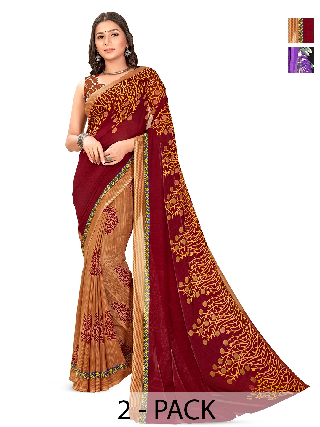

ANAND SAREES Selection of 2 Floral Printed Sarees, Purple