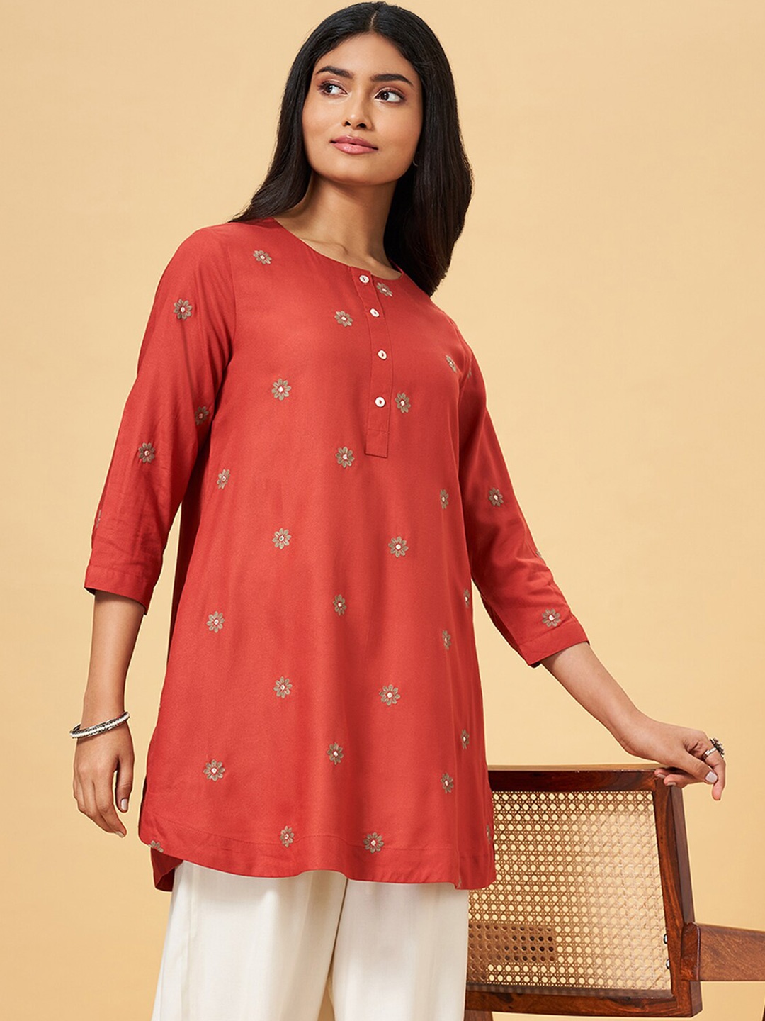 

RANGMANCH BY PANTALOONS Embroidered Tunic, Tan