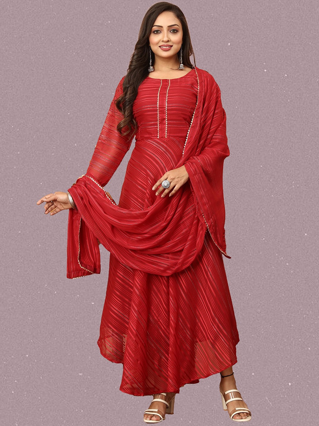 

N N ENTERPRISE Geometric Flared Sleeves Mirror Work Georgette Anarkali Kurta, Red