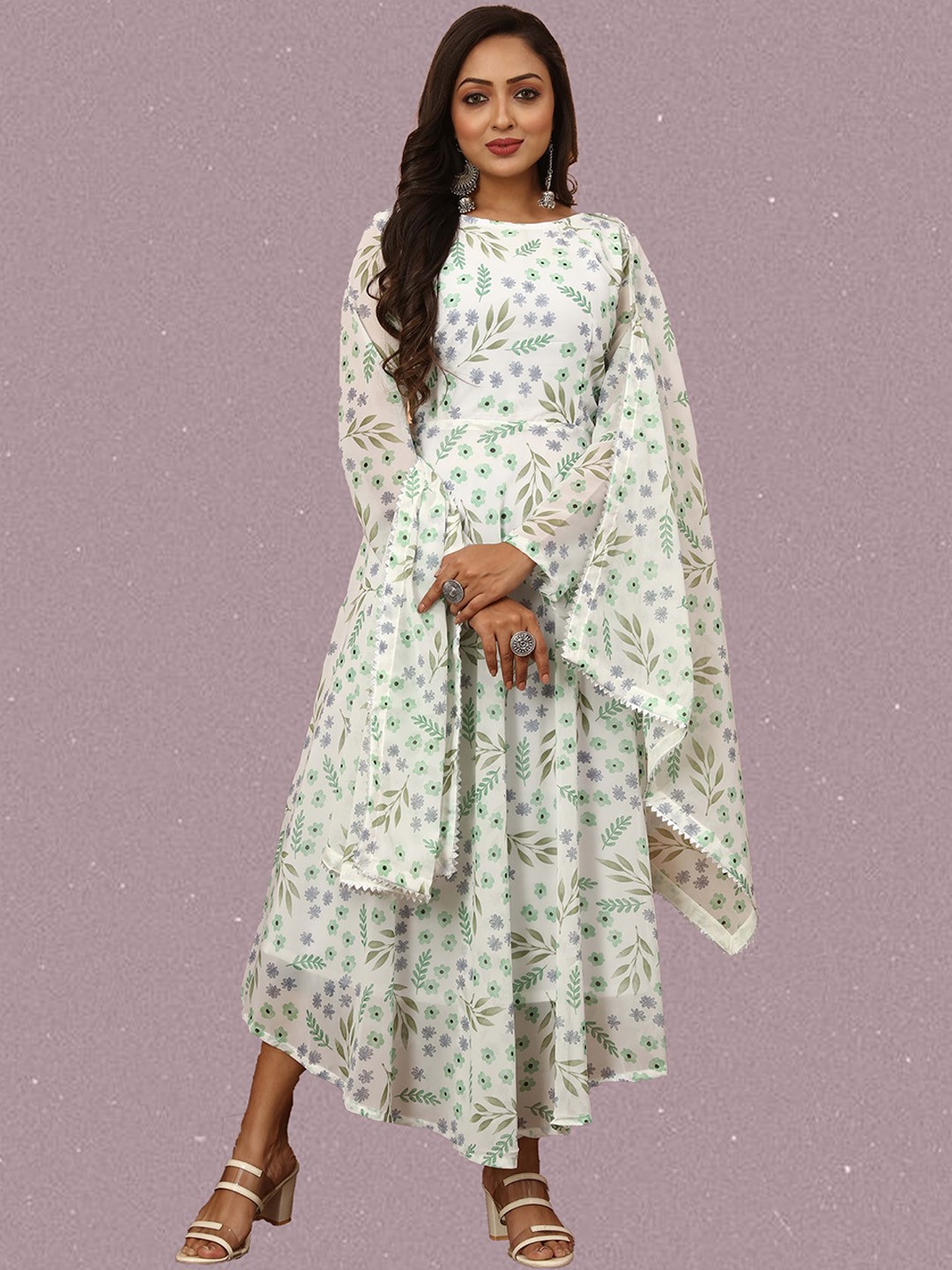 

N N ENTERPRISE Floral Printed Anarkali Georgette Kurta With Dupptta, Green