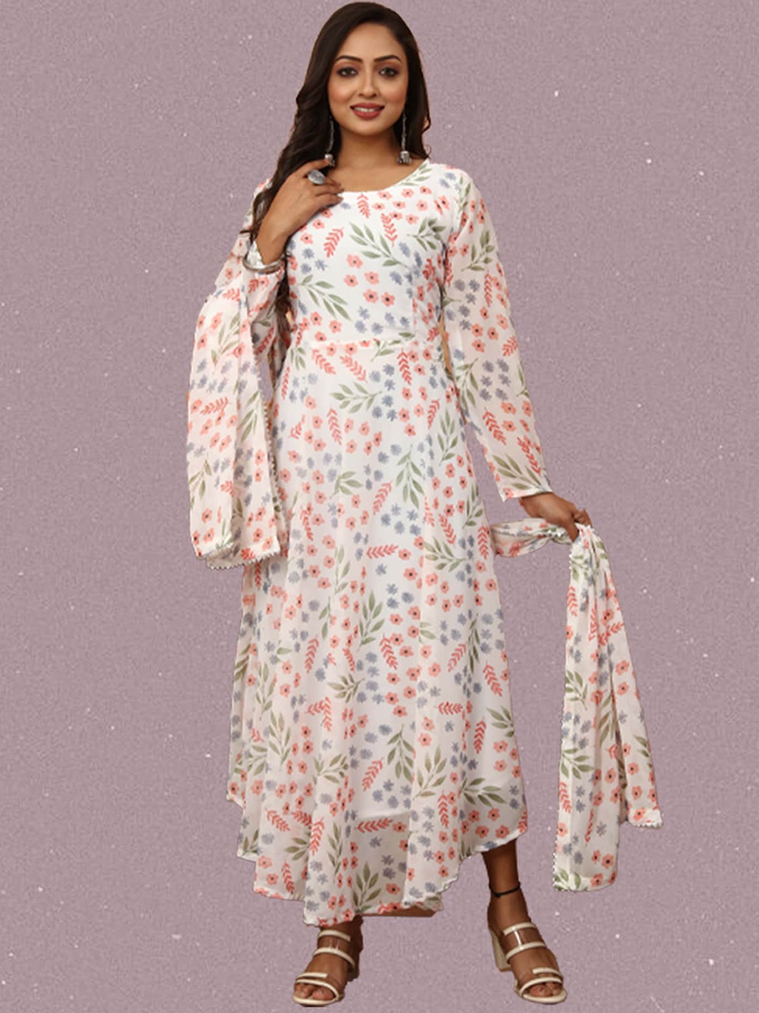 

N N ENTERPRISE Floral Printed Georgette Anarkali Kurta With Dupatta, Orange
