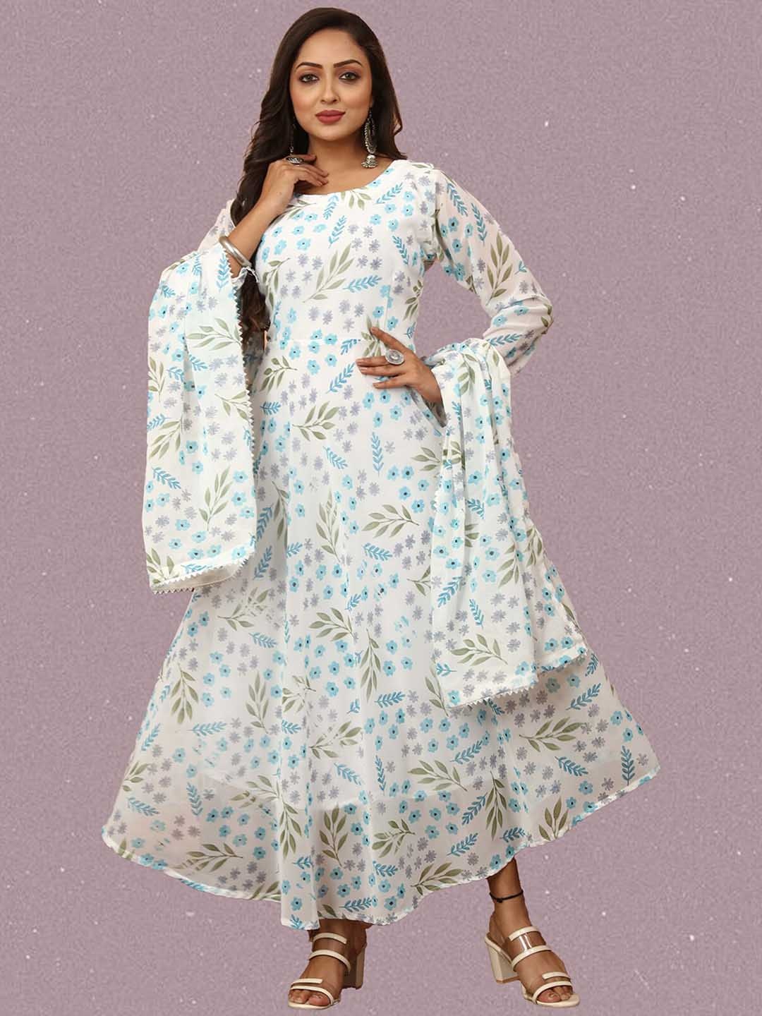 

N N ENTERPRISE Printed Flared Sleeves Mirror Work Georgette Anarkali Kurta, Blue