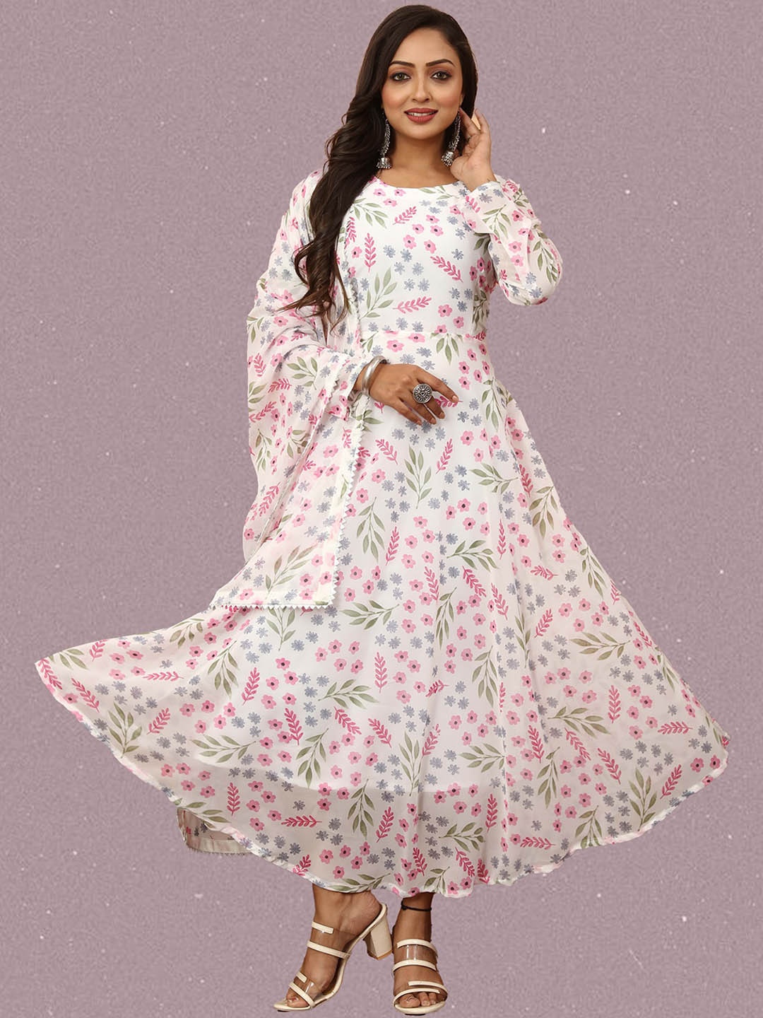 

N N ENTERPRISE Women Floral Checked Flared Sleeves Mirror Work Georgette Anarkali Kurta, Pink