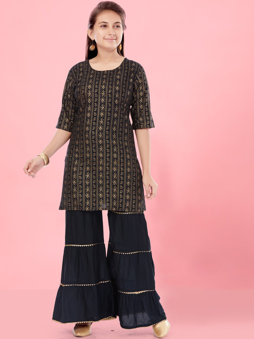 

BAESD Girls Floral Printed Regular Pure Cotton Kurta with Sharara, Black
