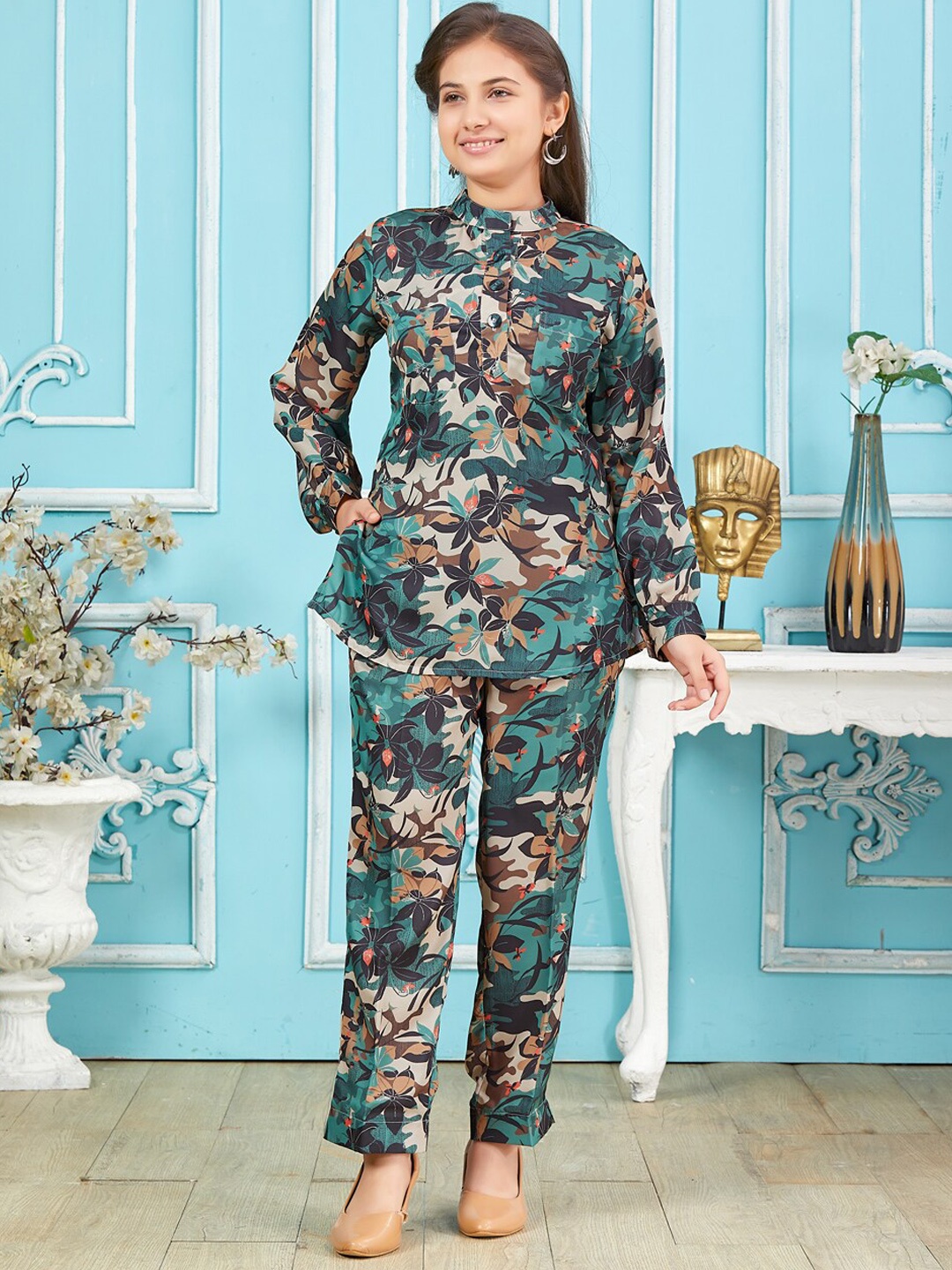 BAESD Girls Printed Tunic & Trousers Co-ord Set, Green