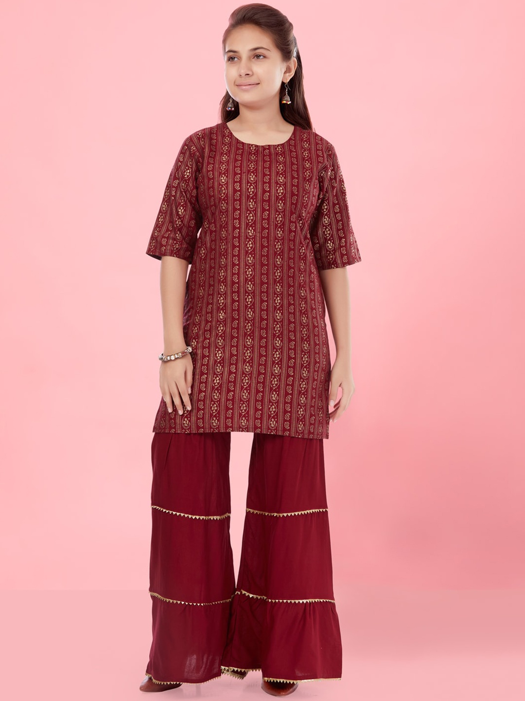 

BAESD Girls Printed Regular Pure Cotton Kurti with Sharara, Maroon