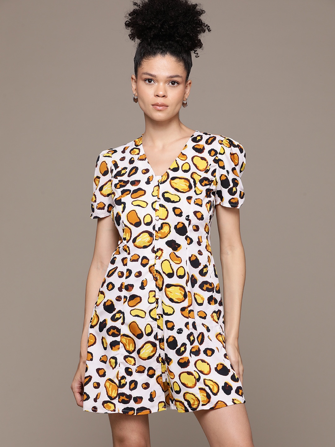 

Roadster Print Puff Sleeves Satin A-Line Mini Dress, Off white