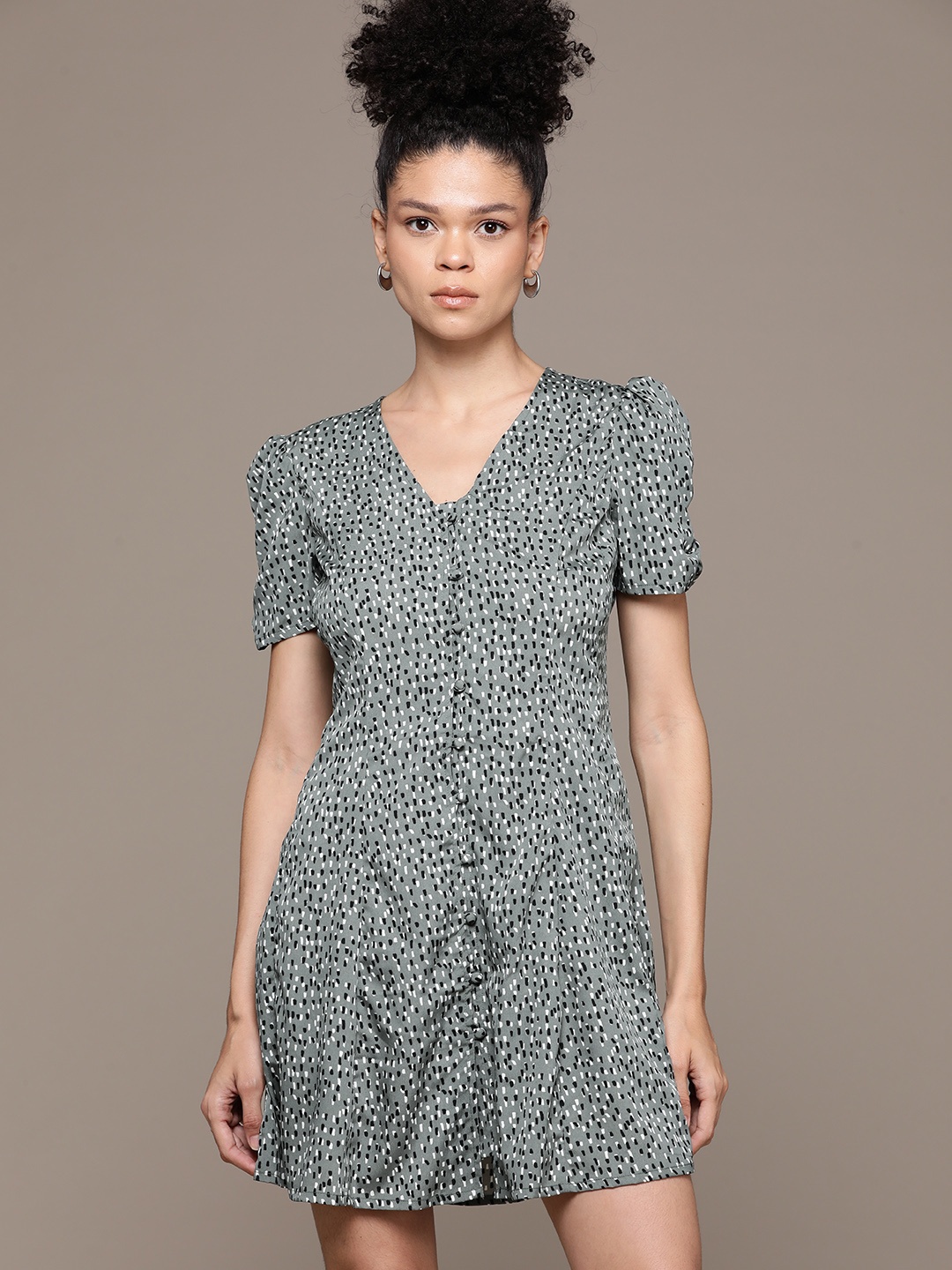 

Roadster Print Puff Sleeves Satin A-Line Mini Dress, Grey
