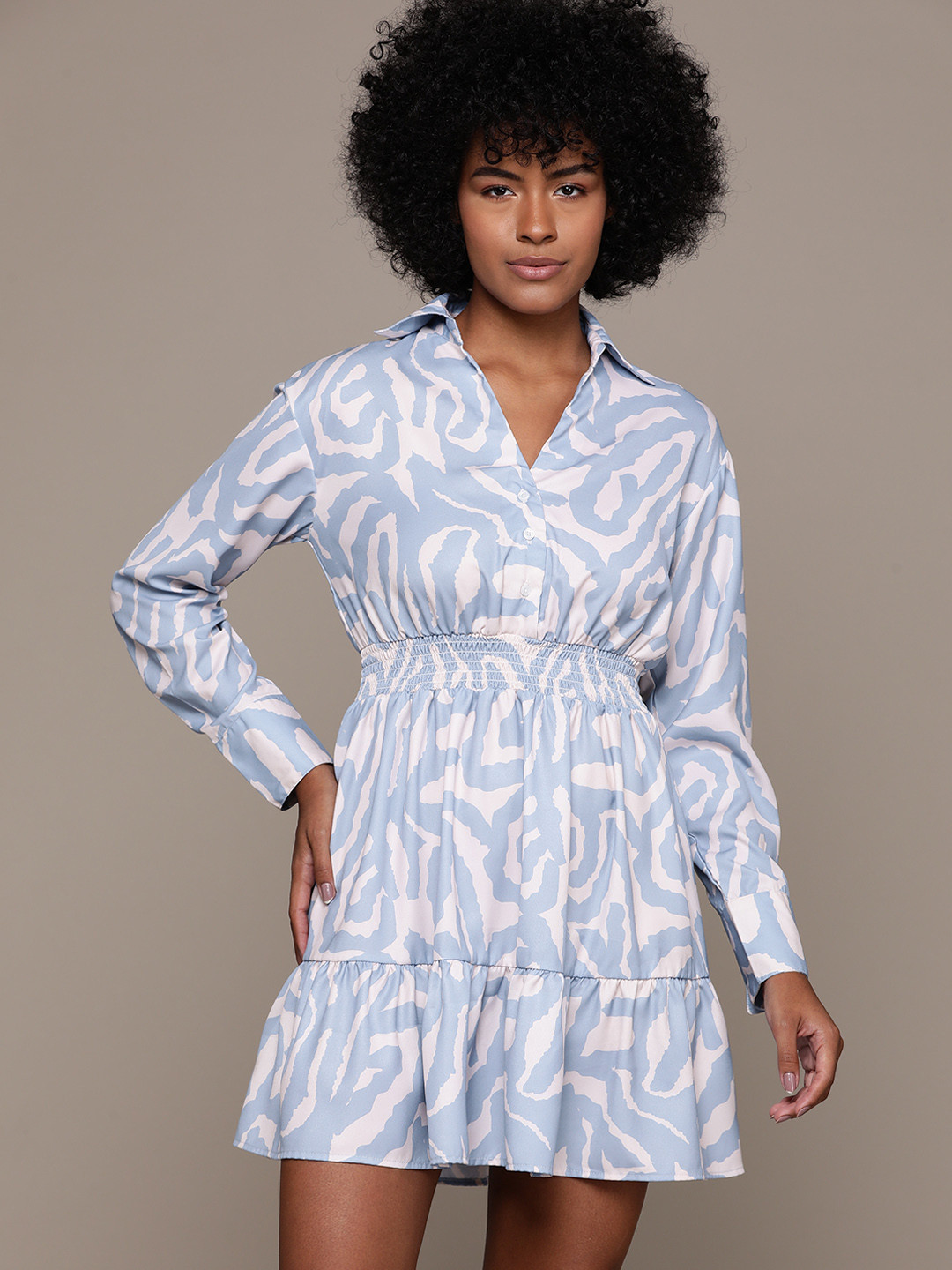 

Roadster Print Satin Fit & Flare Mini Dress, Blue