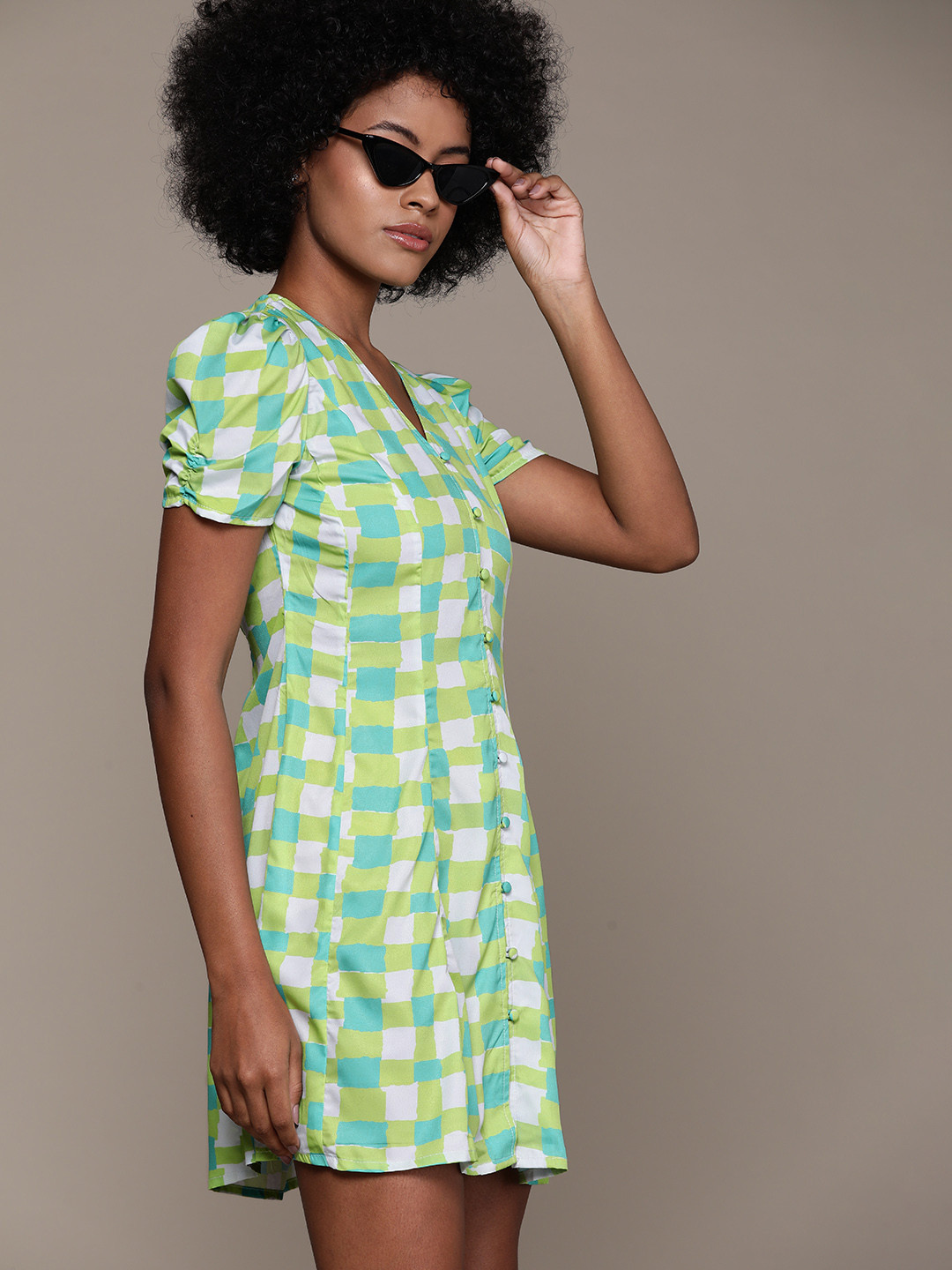 

Roadster Checked Puff Sleeve Satin A-Line Mini Dress, Green