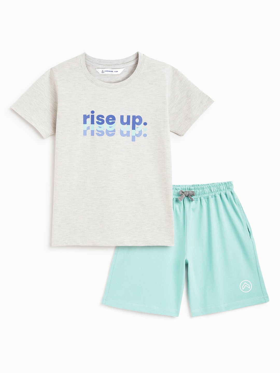 

Campana Boys Printed Pure Cotton T-shirt With Shorts, Grey melange