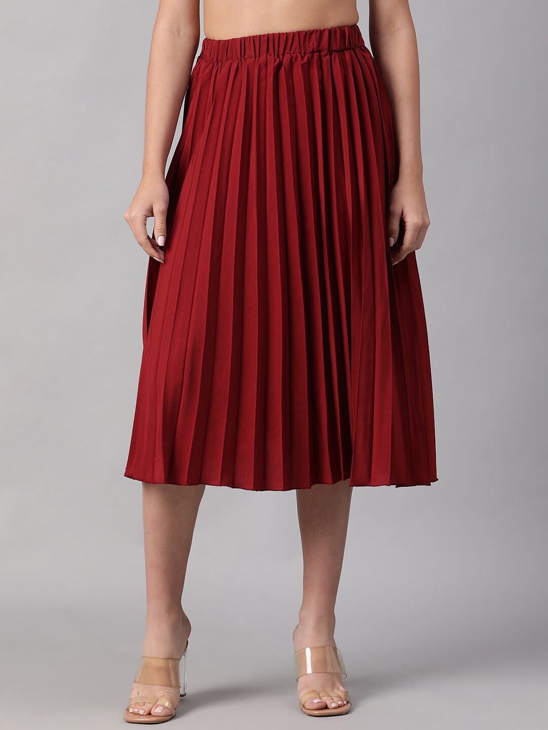 

Oxolloxo Elasticated Pleated Below Knee Length Flared Skirt, Maroon