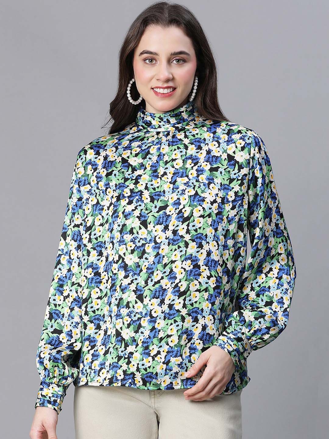 

Oxolloxo Floral Printed High Neck Cuffed Sleeve Top, Blue