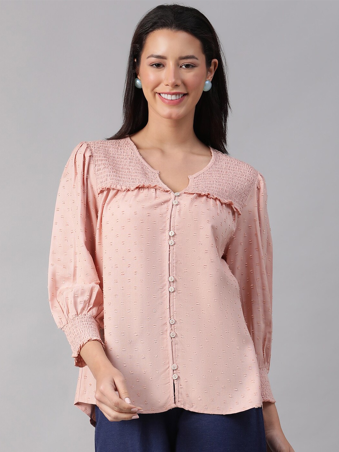 

Oxolloxo V-Neck Self Design Top, Peach
