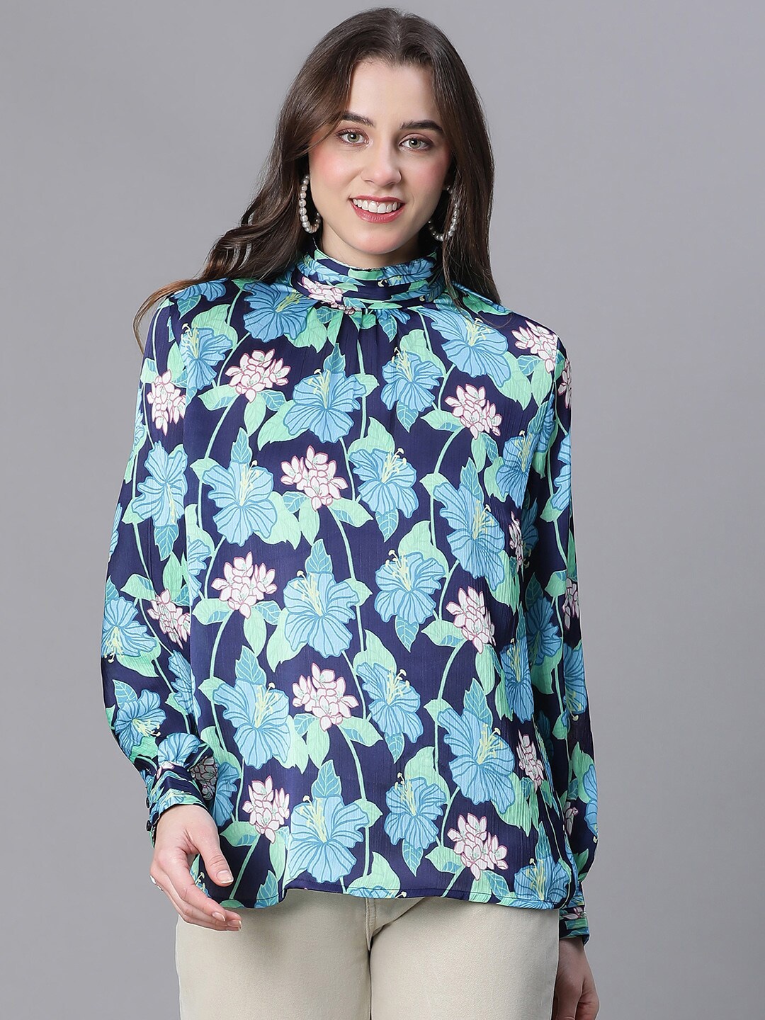 

Oxolloxo Floral Printed Puff Sleeve Top, Blue