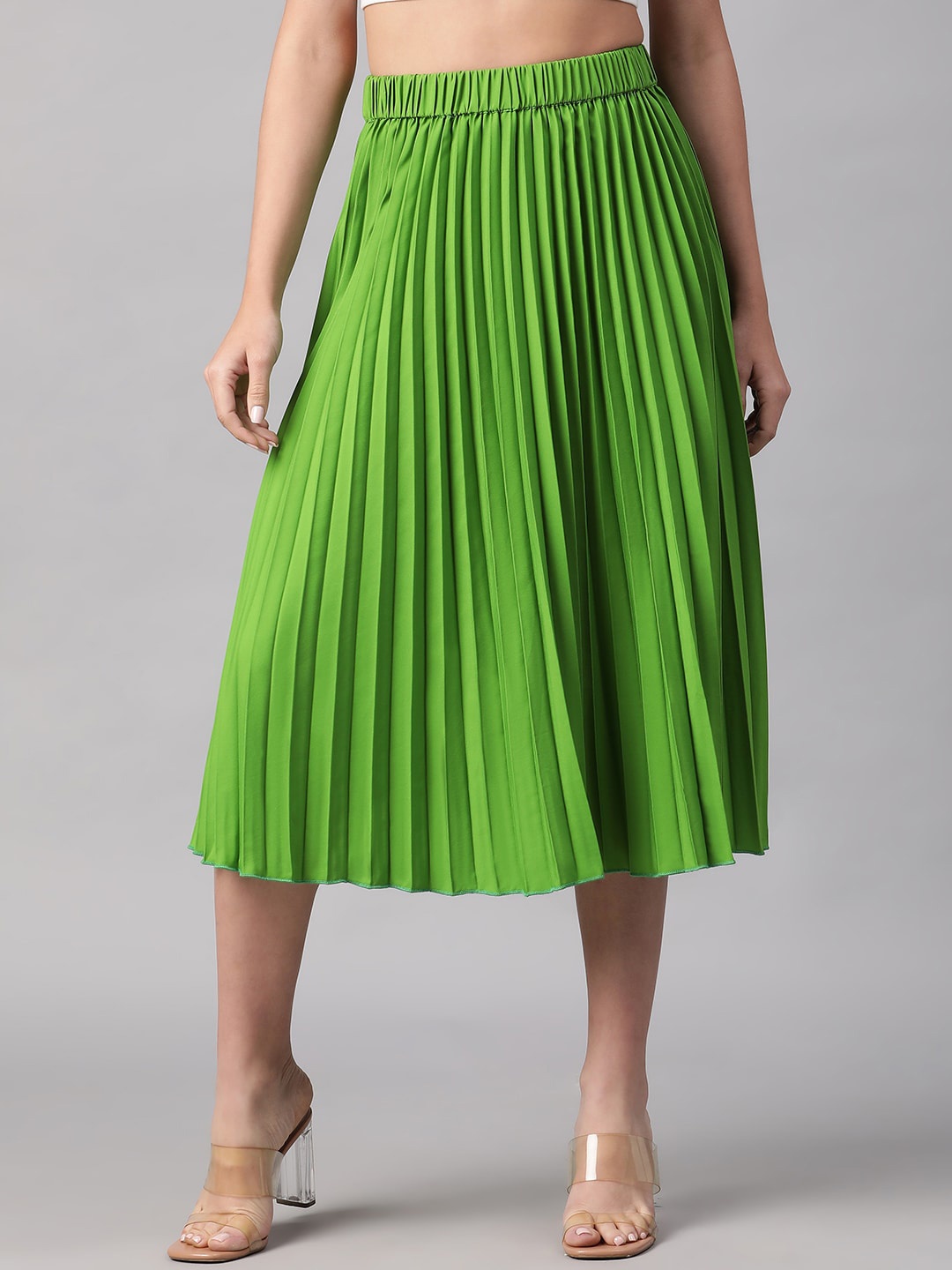 

Oxolloxo Elasticated Accordion Pleat Below Knee Length Flared Skirt, Green