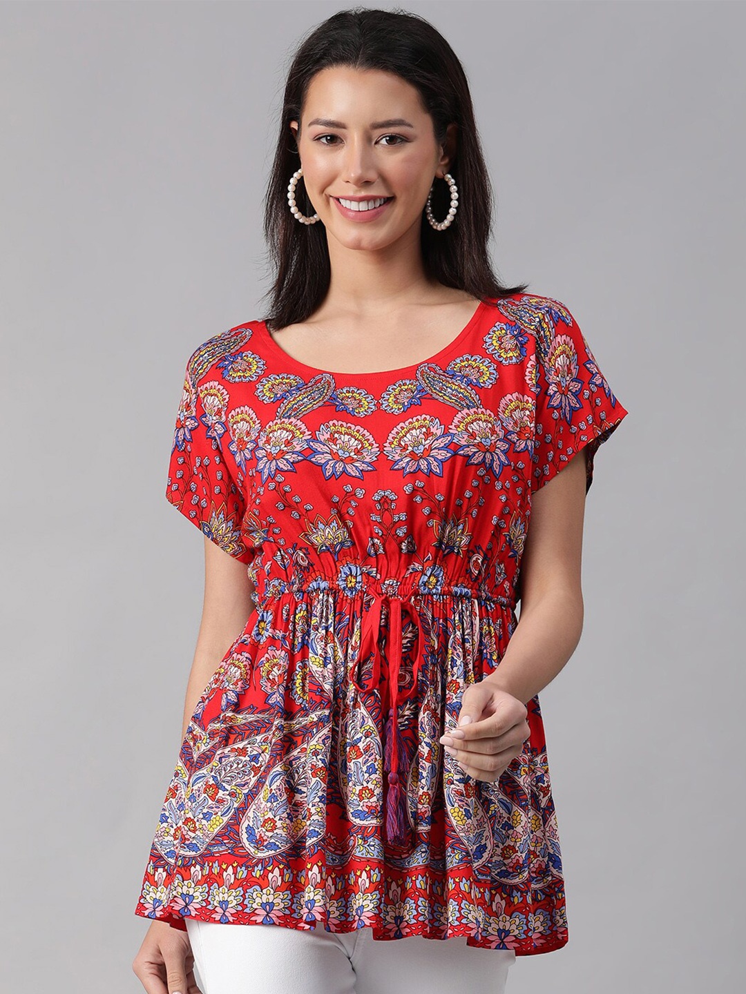 

Oxolloxo Ethnic Motifs Printed Extended Sleeve Cinched Waist Top, Red