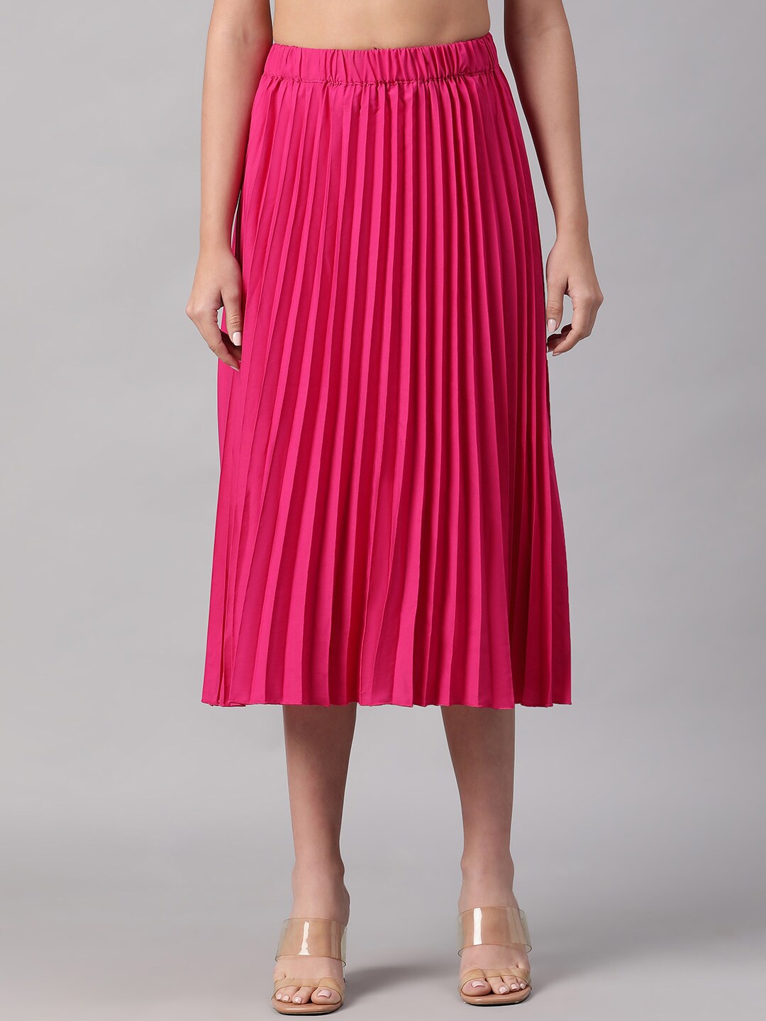 Oxolloxo Elasticated Accordion Pleats Below Knee Length Flared Skirt, Pink